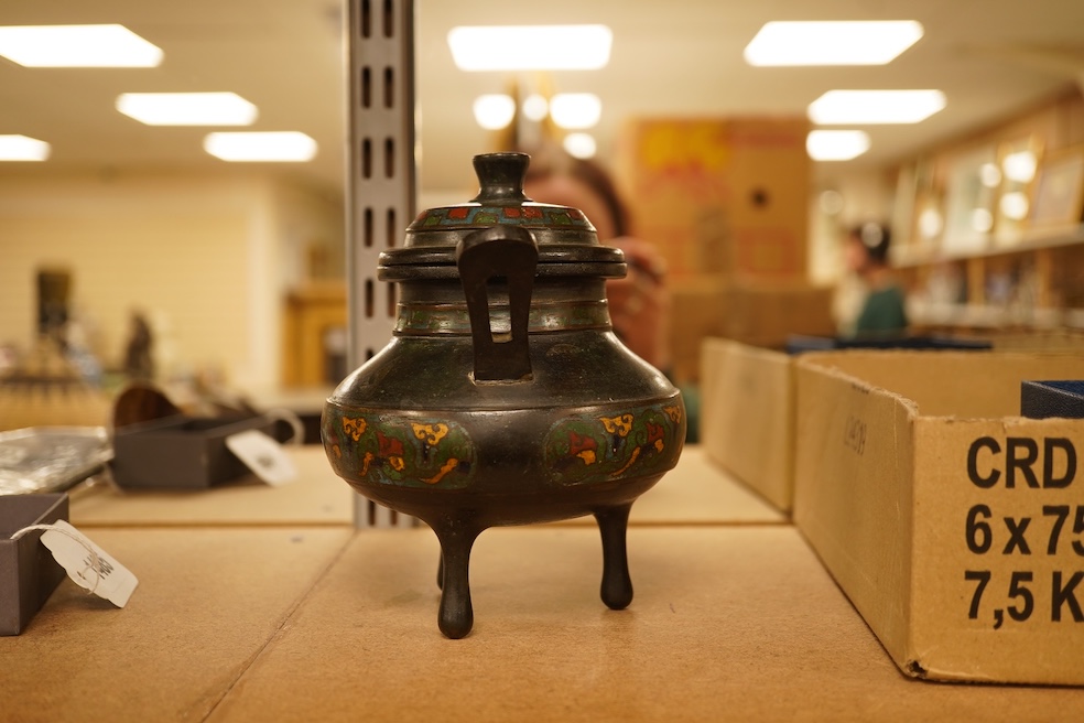 A Japanese twin handled champleve enamel koro and cover, 15cm high